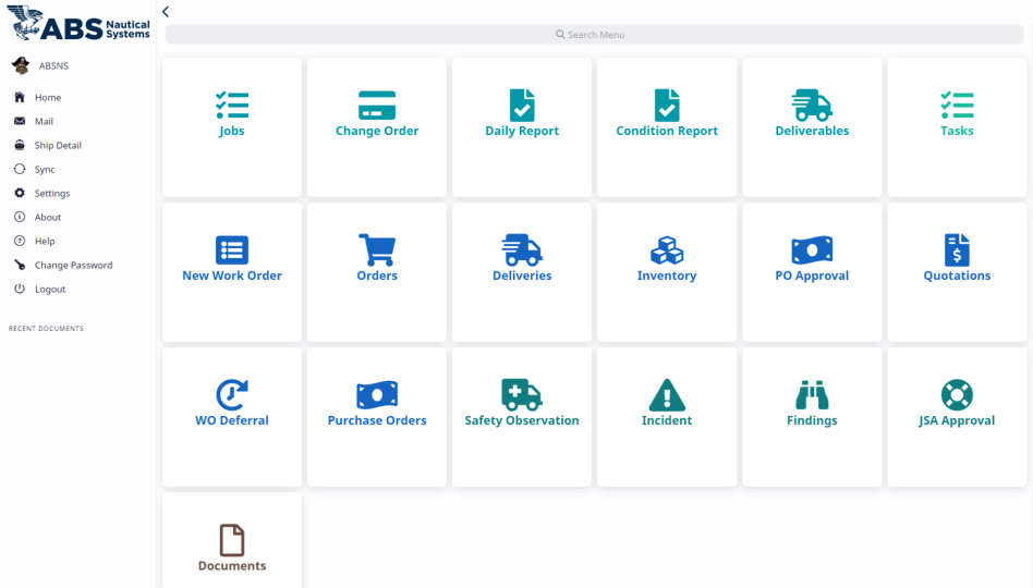 Screenshot der mobilen Trockendock-Landingpage (heller Modus), die auf der linken Seite das Menü mit 19 farbigen Schaltflächen mit diversen Bezeichnungen zum Thema Aufgaben im Trockendock zeigt.