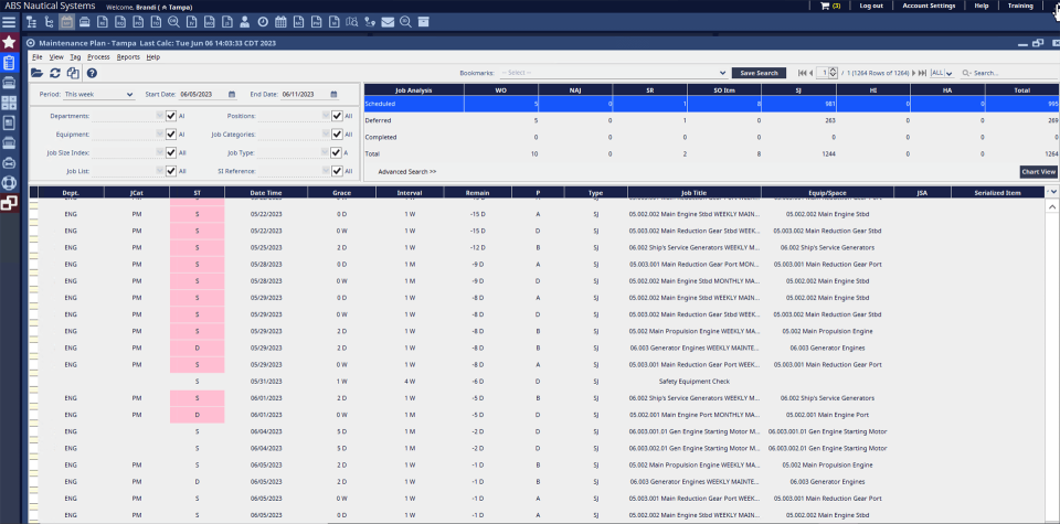 Workboat 维护计划深色模式的屏幕截图显示了一个表，表示交叉引用搜索的时间跨度和激活检查表、作业分析的分类计数列表以及特定的作业列表。