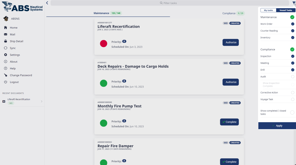 a screenshot of Maintenance Manager Maintenance Tasks List Light showing maintenance to do list with status indicators that shows "Liferaft Recertification with a red dot, Deck Repairs - Damage to Cargo Holds, Monthly Fire Pump Test, and Repair Fire Damper, all with green dots." 