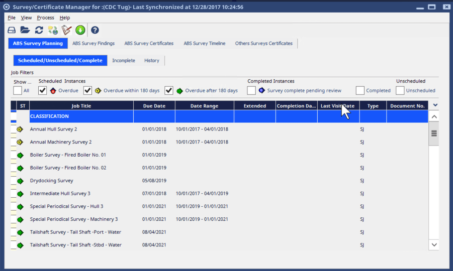 ダークモードのMaintenance Manager Maintenance Survey Manager Freedom Integrationスクリーンショット。Scheduled/Unscheduled/CompleteのすべてのタスクがあるABS Survey Planningの表が表示され、その下に8列形式の一覧表が続いている。