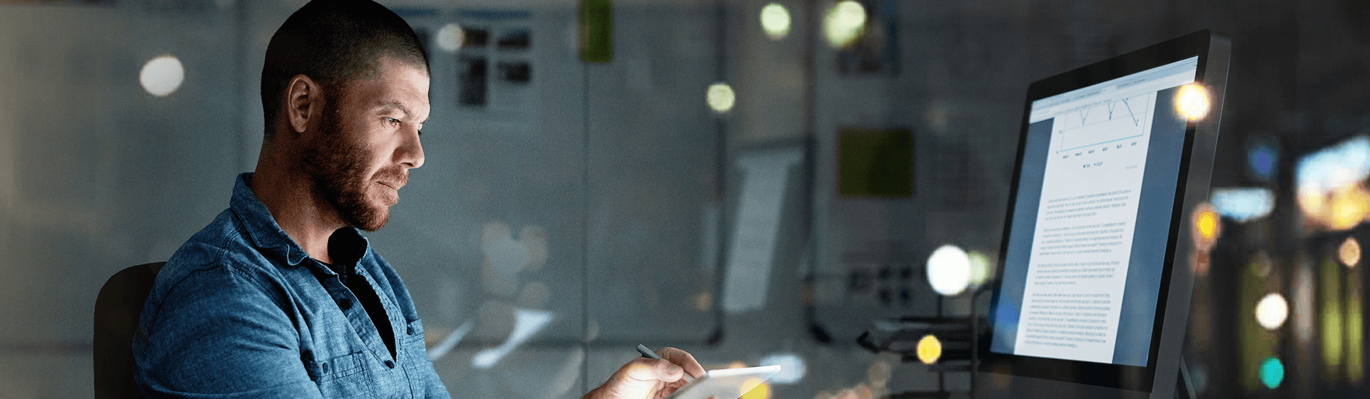 image of a man in front of a computer using a tablet