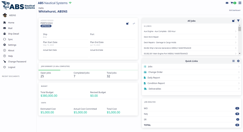 een schermafdruk van een mobiele Drydock Manager-landingspagina met een menu aan de linkerkant met zes onderdelen: één onderdeel is gelabeld met een taaknummer en de andere met de labels Job Summary (Taakoverzicht), Budget, All Jobs (Alle taken), Quick Links (Snelle links) en Job Analysis (Taakanalyse)