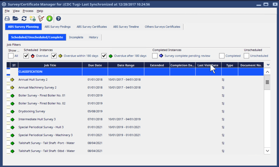 Scheduled/Unscheduled/Complete 작업 전체를 8개 열 범주의 표 형식으로 열거한 ABS Survey Planning 표를 보여주는 Maintenance Manager Maintenance Survey Manager Freedom Integration Dark의 스크린샷.