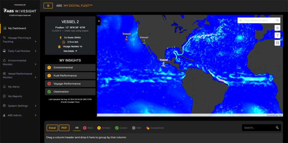 Screenshot of My Digital Fleet My Dashboard with color coded categories of insights and mapped location of fleet vessels. 