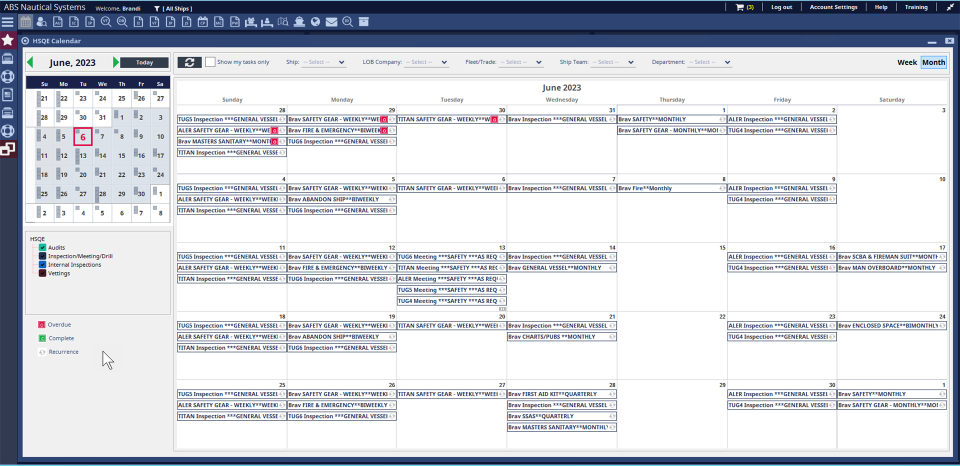 screenshot showing the HSQE calendar