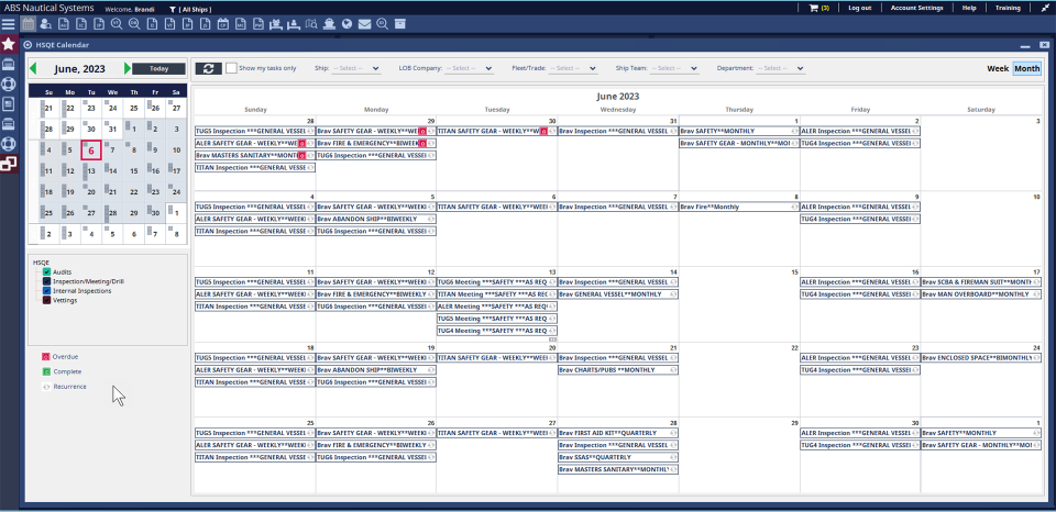 schermafdruk met de HSQE-kalender