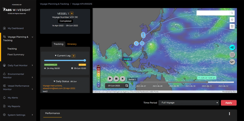 et skjermbilde av My Digital Fleet Voyage Planning and Tracking med fargekodet, kartlagt analyse av vindpåvirkning og rutene til forskjellige fartøy.