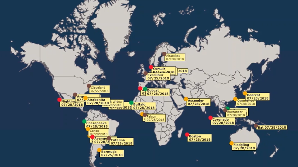 Nautical Systems Voyage Manager 屏幕截图，显示船队的事件数据