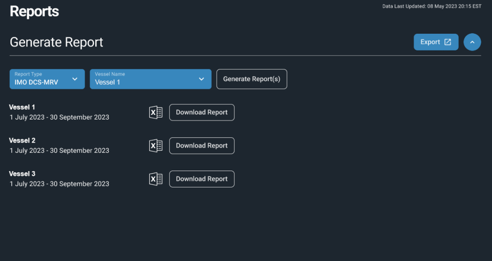 My Digital Fleet Vessel Performance Monitorのスクリーンショット。カラーコードを使った統計と、単色の船舶情報が表示されている。 