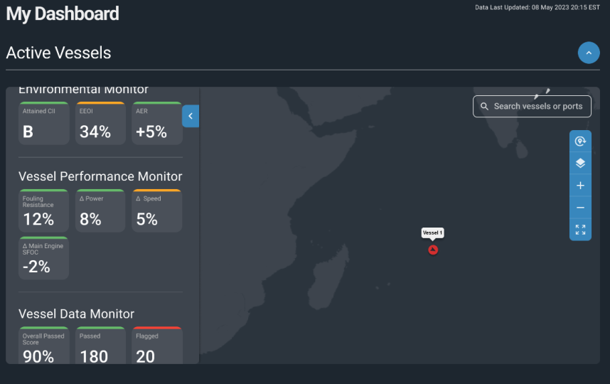 Στιγμιότυπο οθόνης του My Dashboard του My Digital Fleet με κατηγορίες με χρωματική κωδικοποίηση και θέση των πλοίων του στόλου επάνω σε χάρτη. 