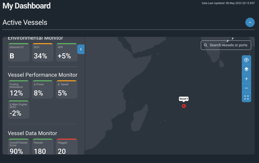 인사이트 범주가 컬러 코드로 표시되고 선단 선박의 위치가 지도상에 표시된 My Digital Fleet My Dashboard의 스크린샷. 