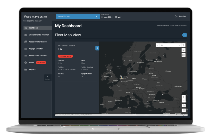 Screenshot of My Digital Fleet My Dashboard with color coded categories of insights and mapped location of fleet vessels. 